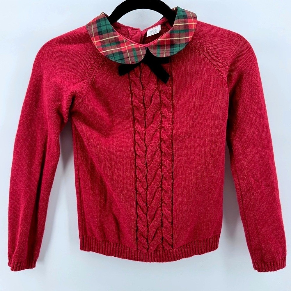 Gymboree Red Cable Knit Sweater Girls Size 8 Plaid Collar Bow Holiday Cotton